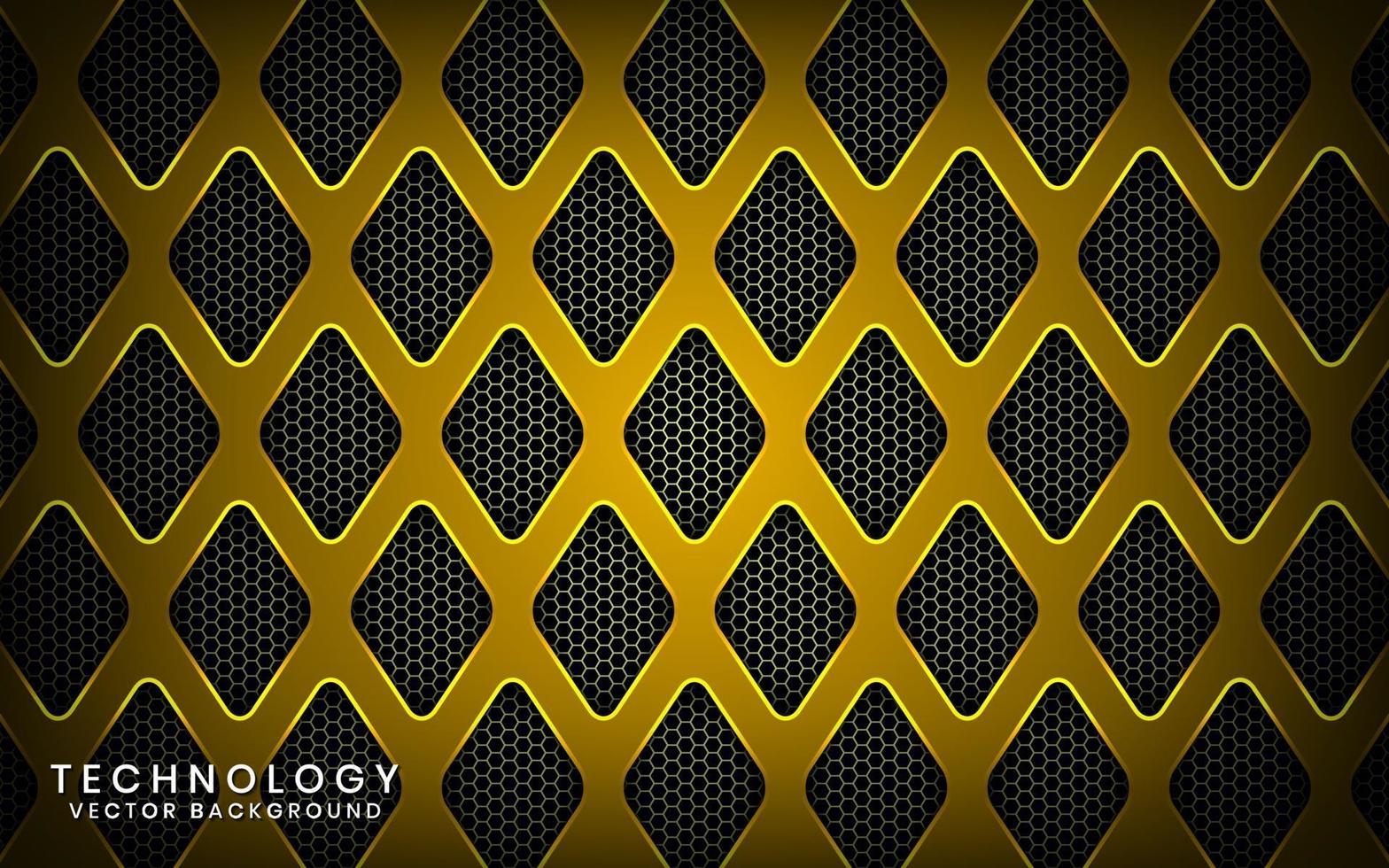 Abstract 3D yellow technology background with shiny effect. Overlap layers on dark space with textured metallic rhomb patterns. Graphic design template elements for poster, flyer, brochure, or banner vector