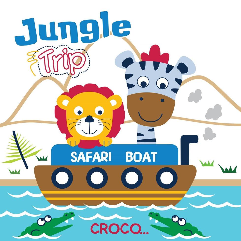 viaje de safari con león y cebra divertidos dibujos animados de animales vector