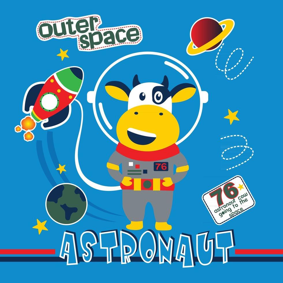 vaca, el, astronauta, divertido, animal, caricatura vector