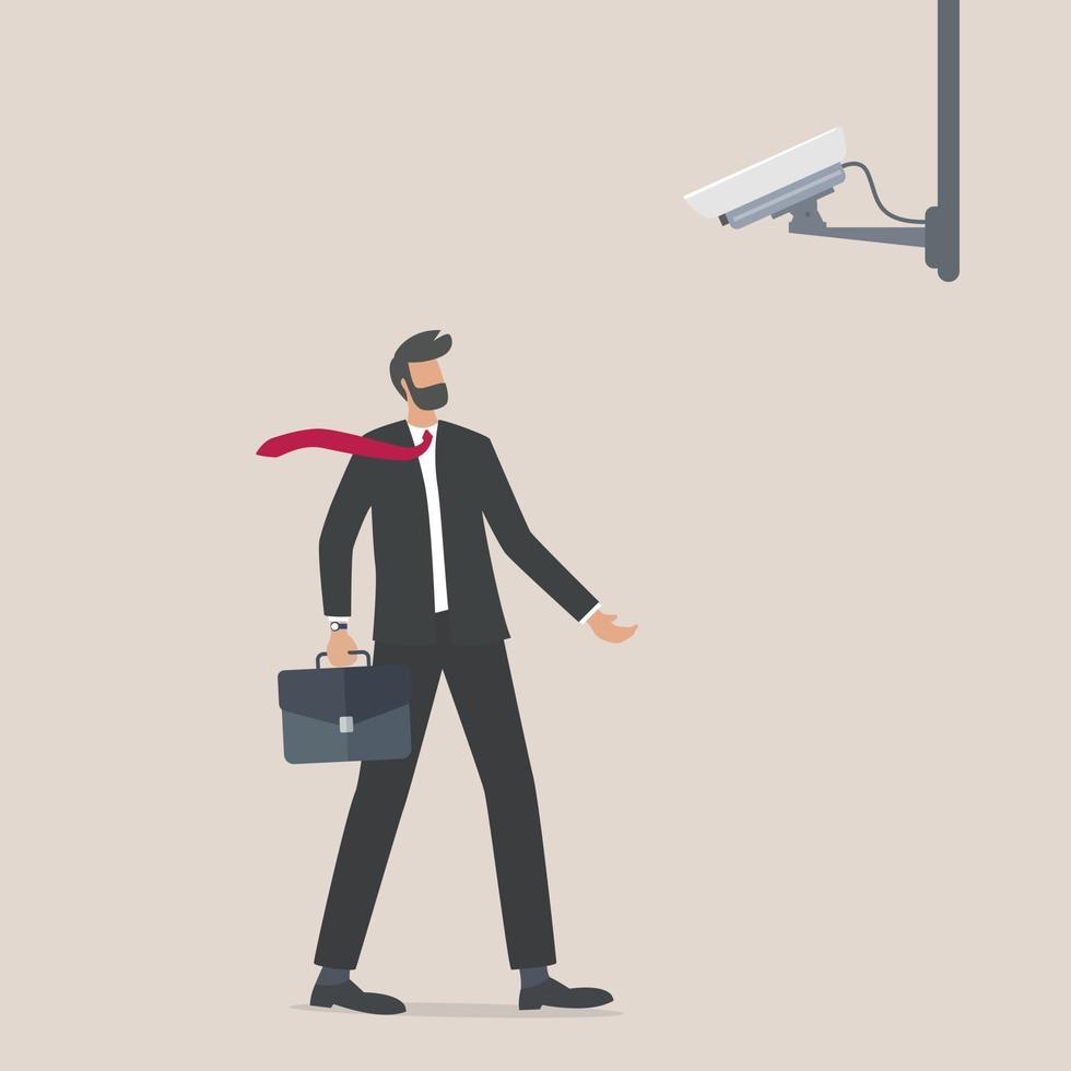 Businessman character looking at the CCTV camera Spying technologies vector