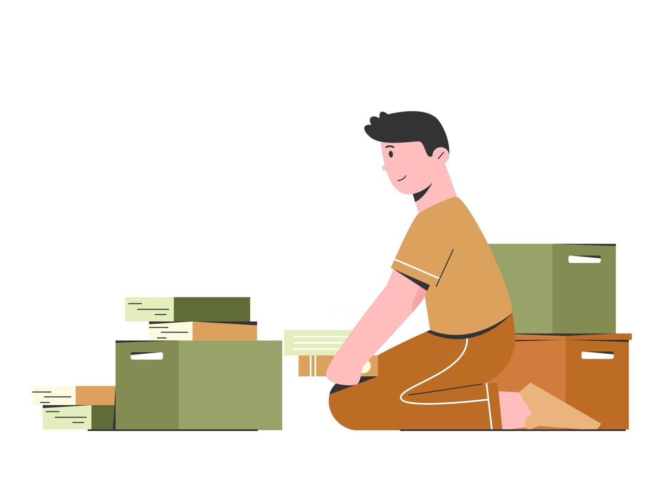 Man tidying books into boxes vector