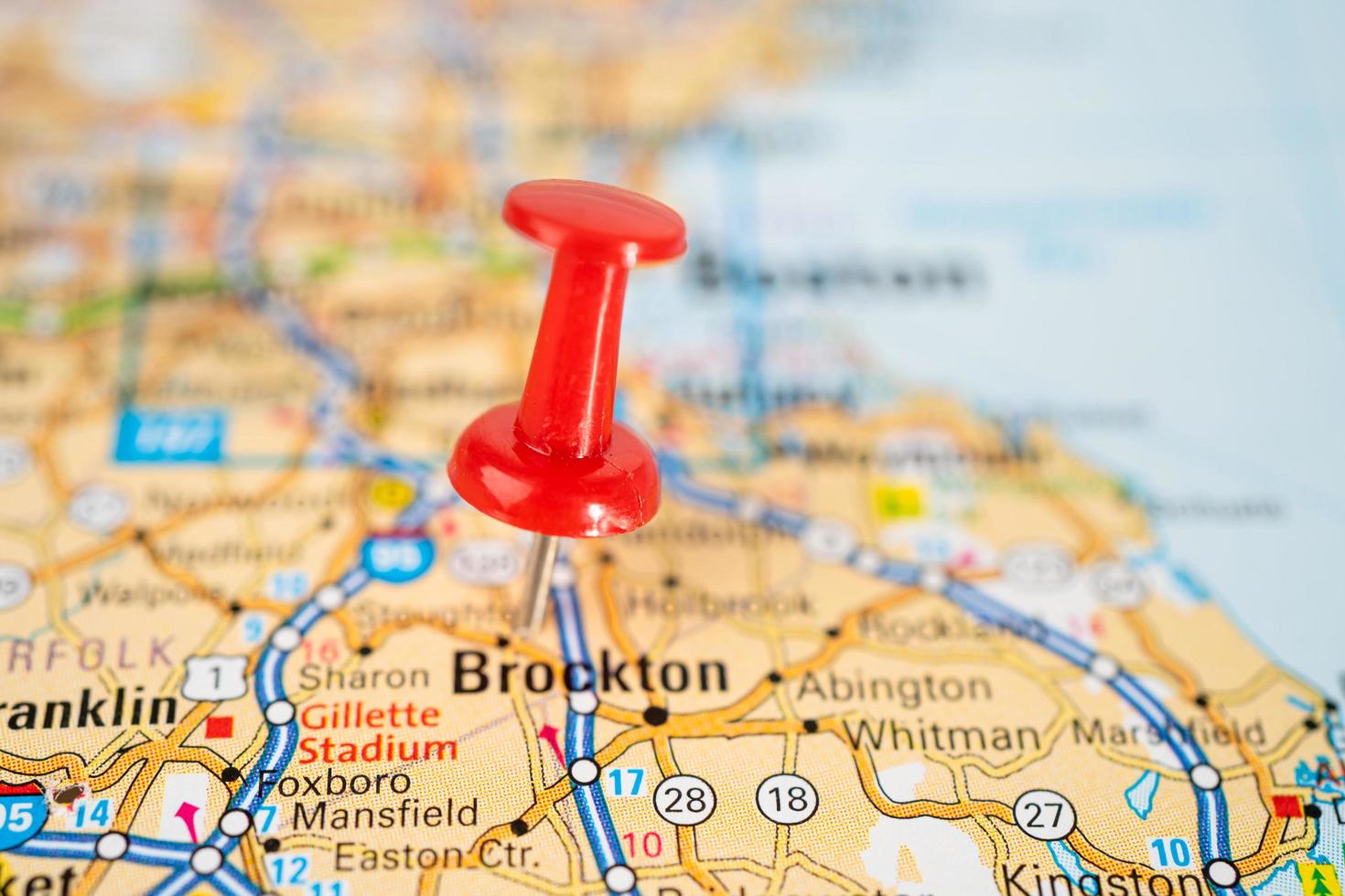 Bangkok, Thailand, June 1, 2020 Brockton, Massachusetts, road map with red pushpin, city in the United States of America USA. photo