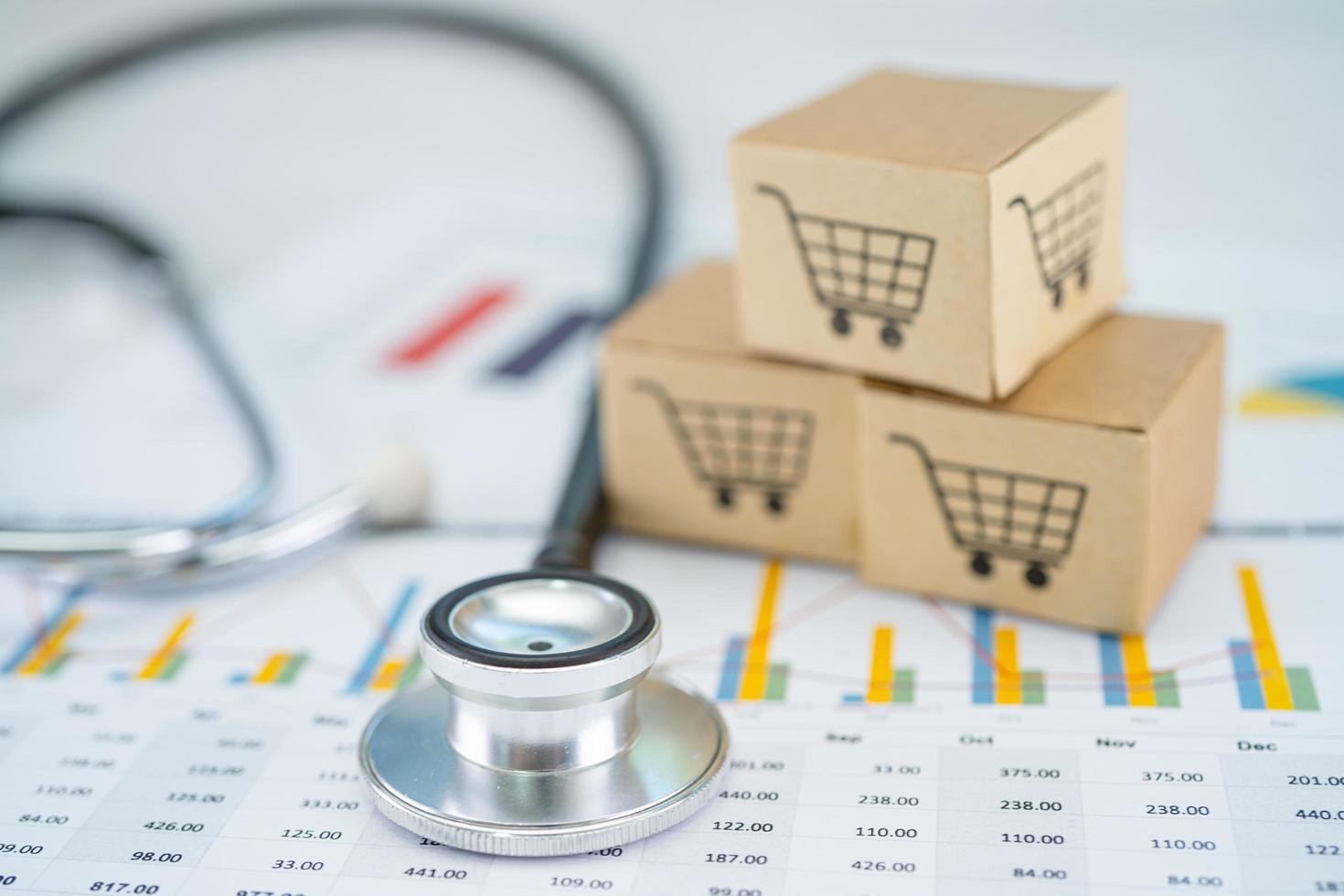 Stethoscope and shopping cart logo on box with graph background. Banking Account, Investment Analytic research data economy, trading, Business import export transportation online company concept. photo