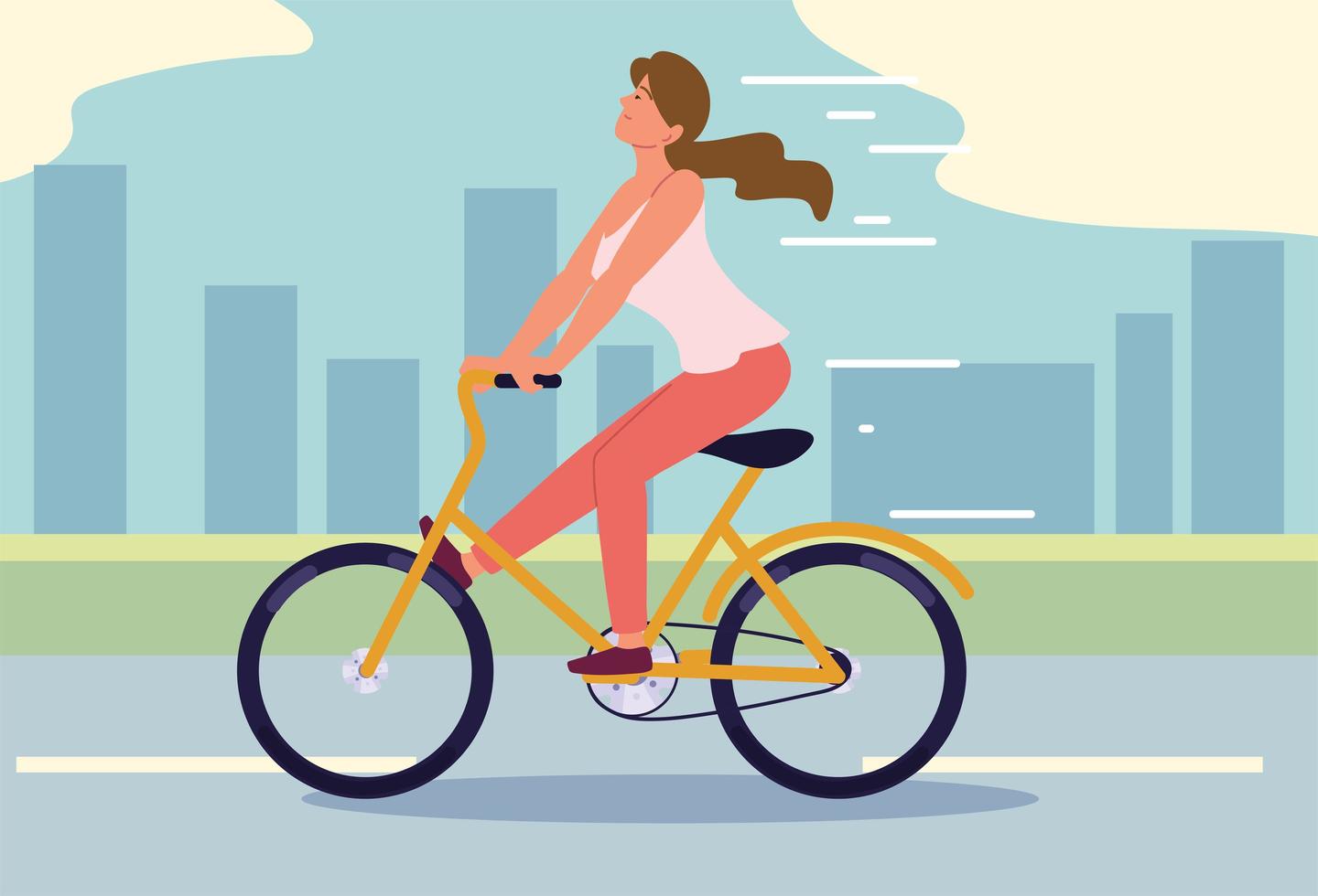 mujer montando bicicleta en la ciudad vector