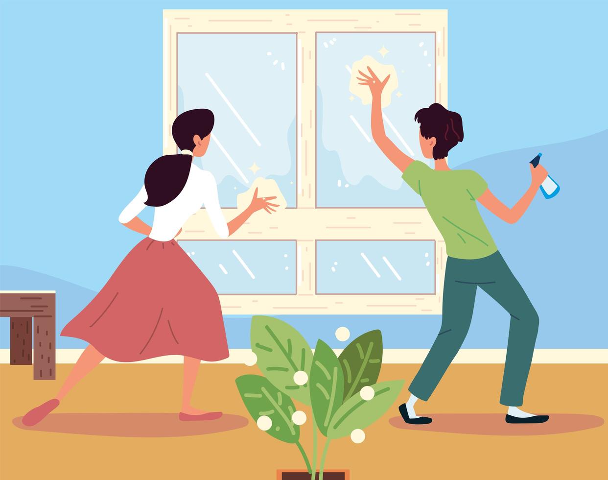 couple cleaning window vector
