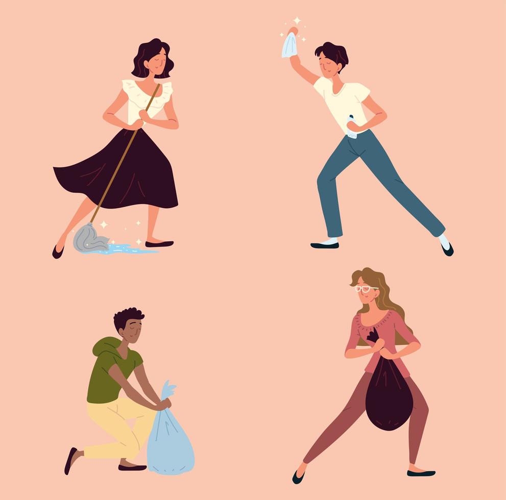 people cleaning set vector