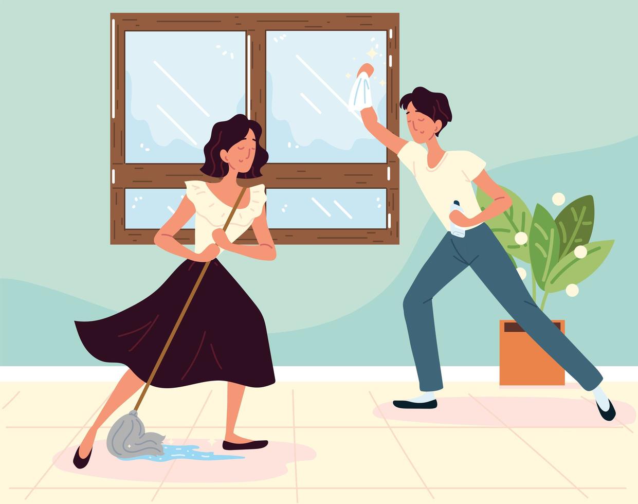 couple cleaning home vector