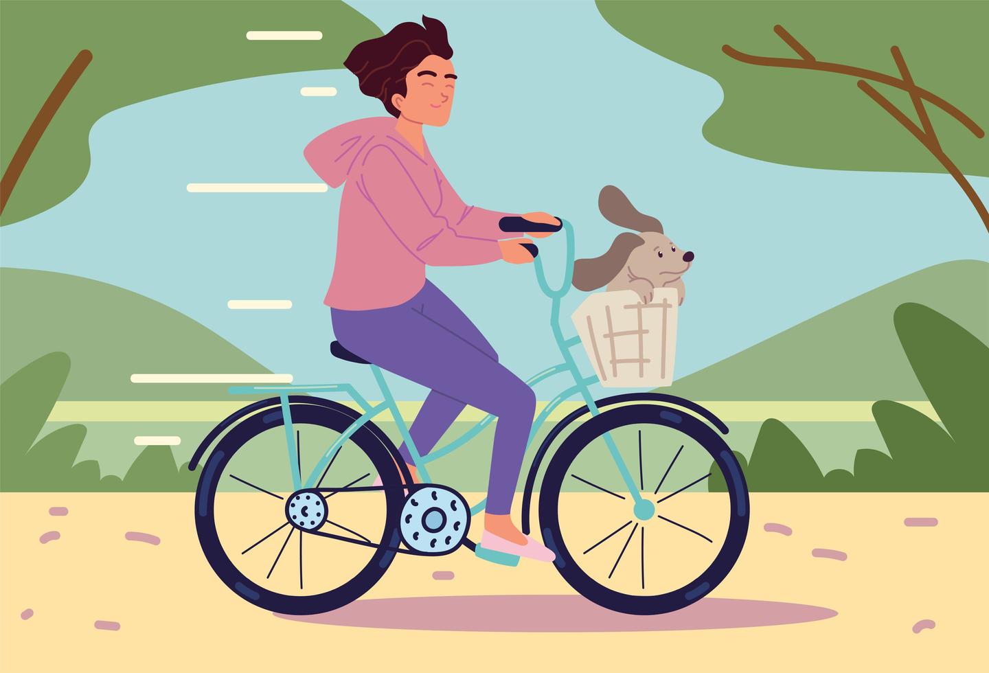 mujer montando bicicleta con mascota vector