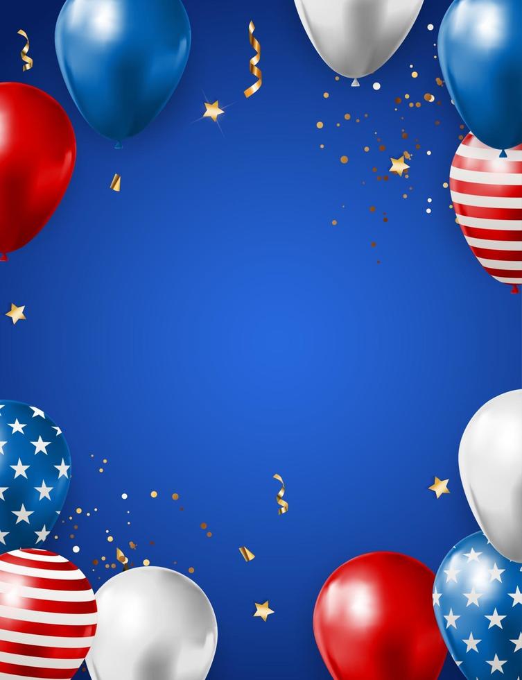 Abstract Empty USA Holiday Party Background with Balloons in Colour of American Flag. Can be used as Poster, Greeting Card. Vector Illustration