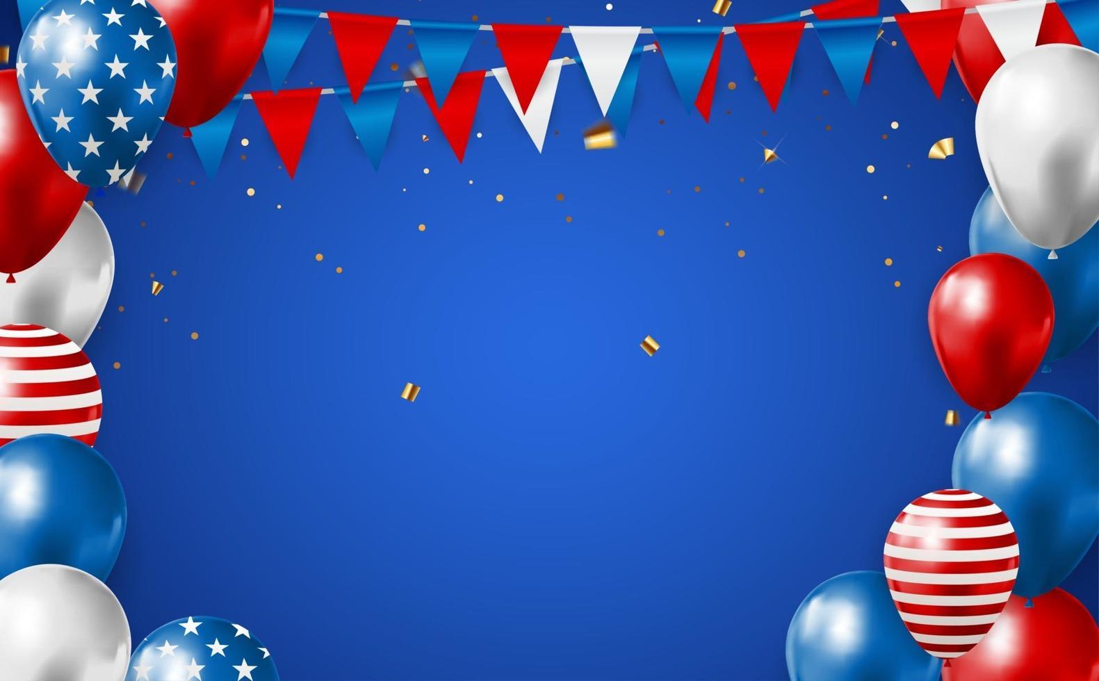 Abstract Empty USA Holiday Party Background with Balloons in Colour of American Flag. Can be used as Poster, Greeting Card. Vector Illustration