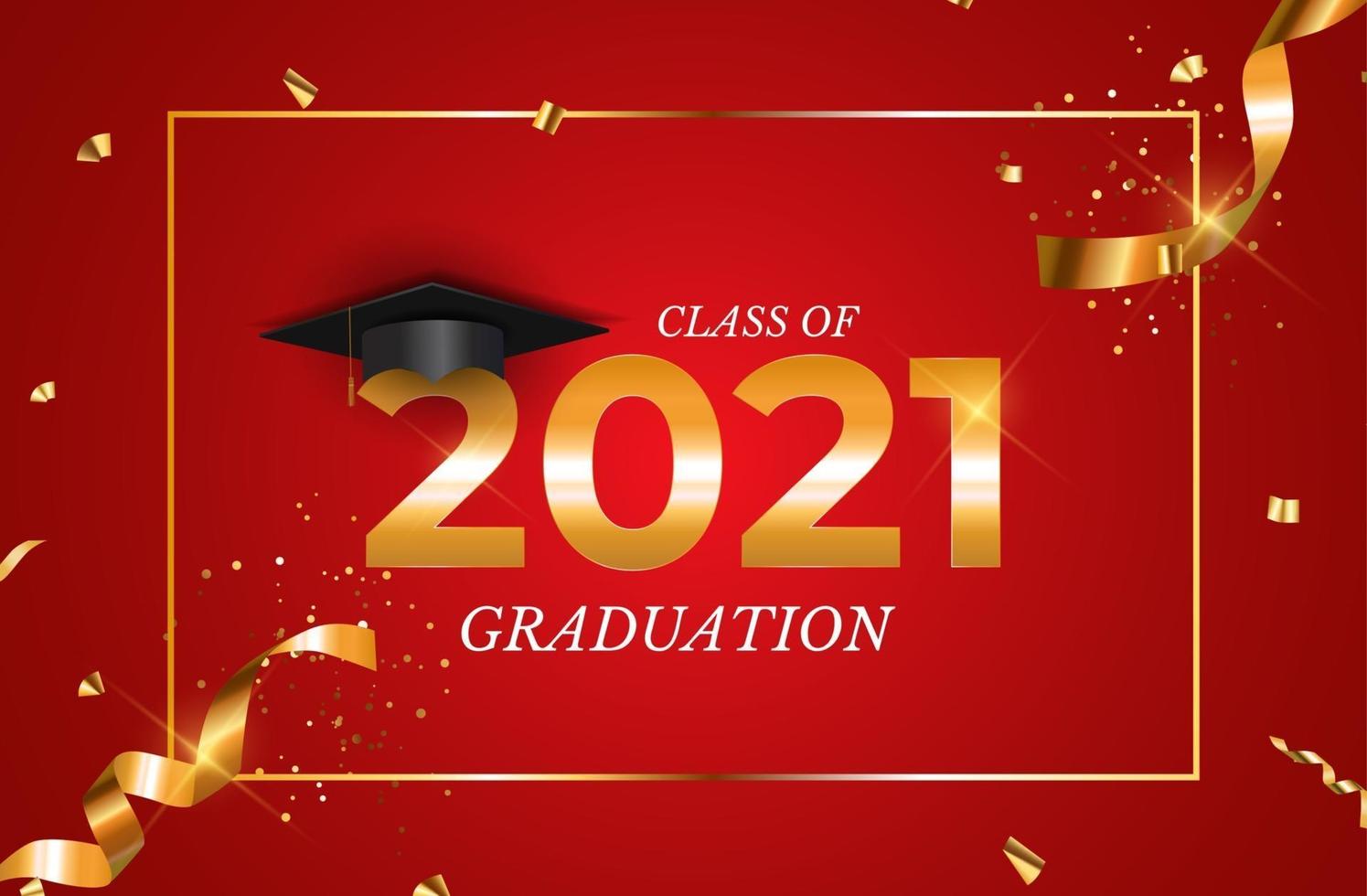 Graduation class of 2021 with graduation cap hat and confetti and golden ribbon. Vector Illustration