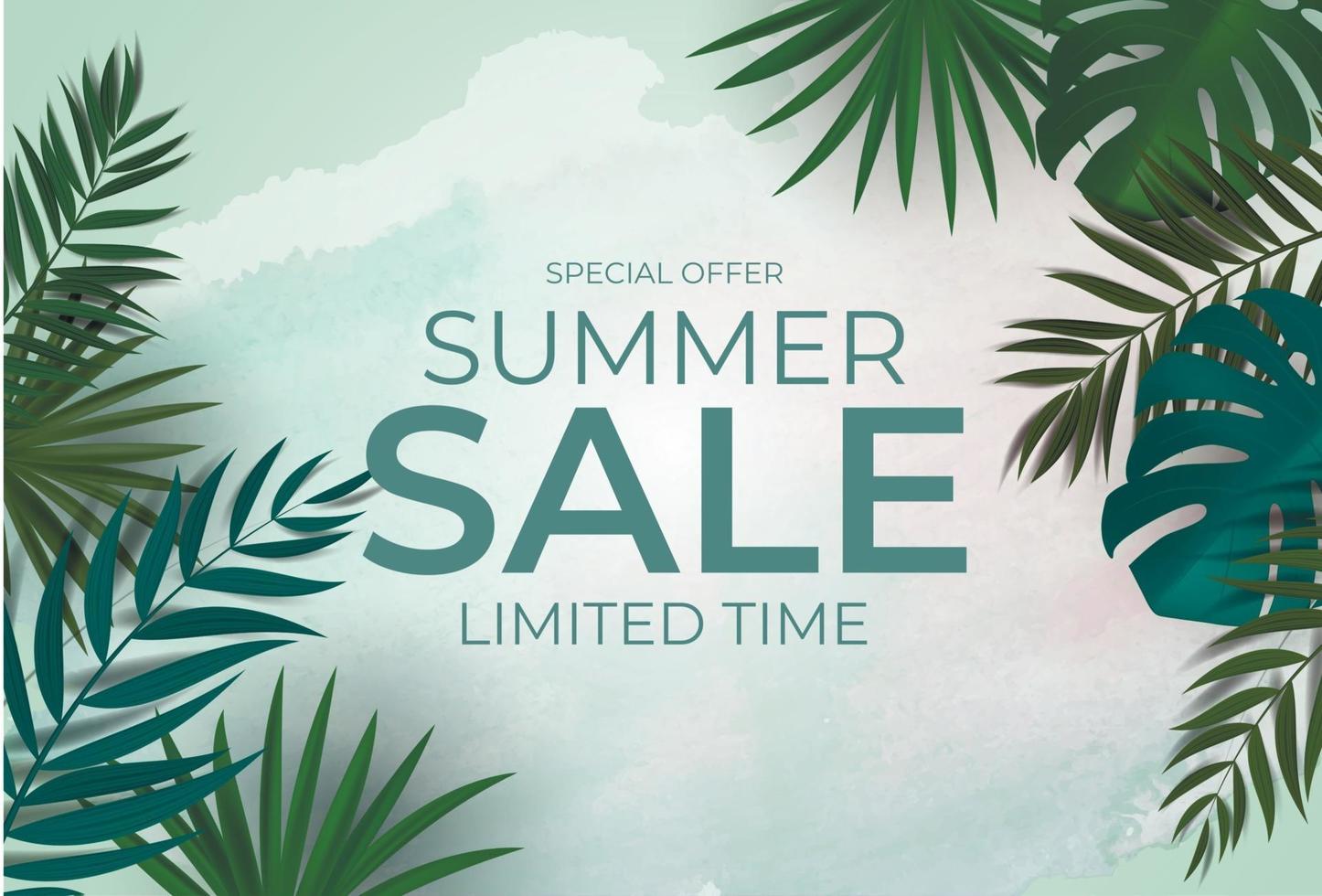 Summer Sale Natural Background with Tropical Palm, Eucalyptus and Monstera Leaves. Vector Illustration