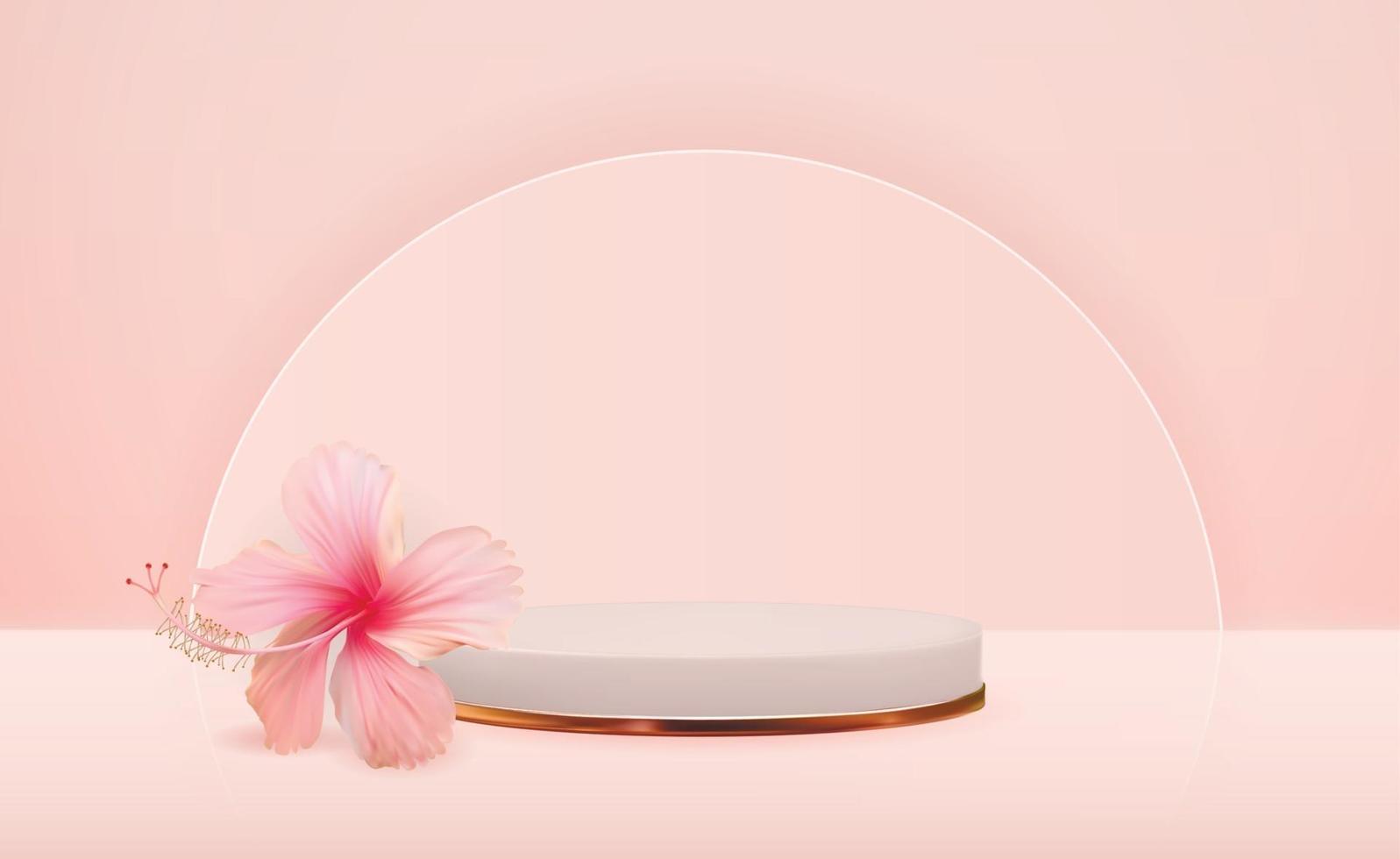 Fondo de pedestal 3d blanco con flor de hibisco para presentación de productos cosméticos, revista de moda. copia espacio ilustración vectorial vector