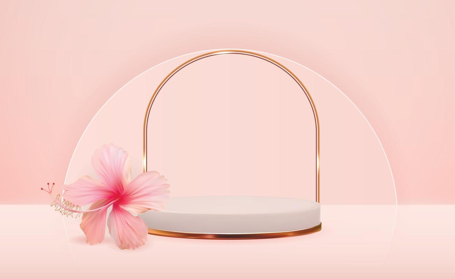 White 3d pedestal background with hibiscus flower for cosmetic product presentation, fashion magazine. Copy space vector illustration