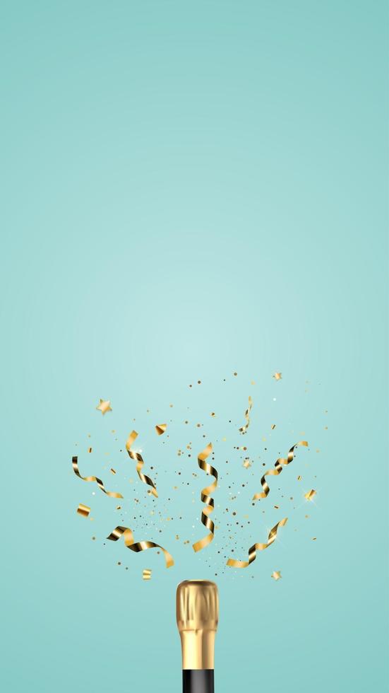 Realistic 3D champagne Golden Bottle with Confetti. Party Holiday background. Vector Illustration