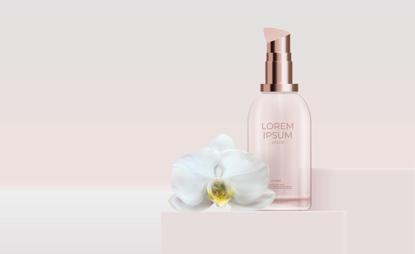 3D Realistic Natural beauty cosmetic product for face care with orchid flower. Design Template of Fashion Cosmetics Product for Ads, flyer or Magazine Background. Vector Illustration