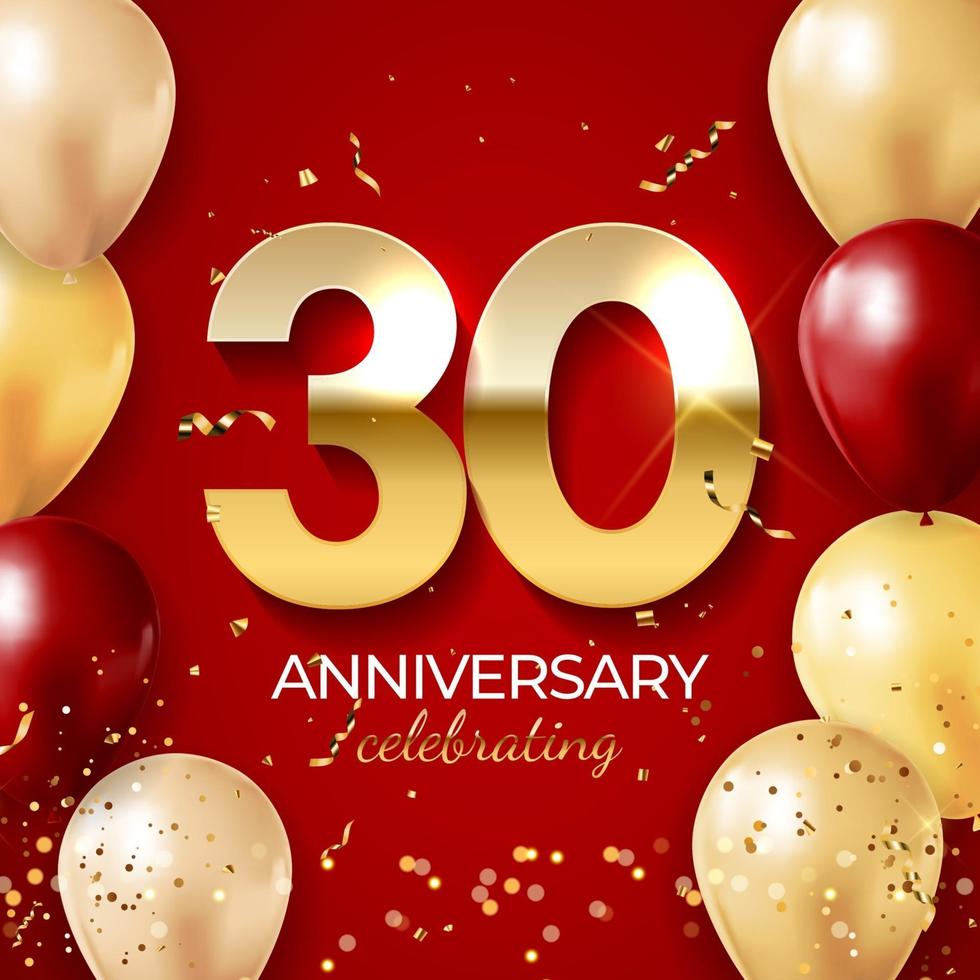 Anniversary celebration decoration. Golden number 30 with confetti, balloons, glitters and streamer ribbons on red background. Vector illustration