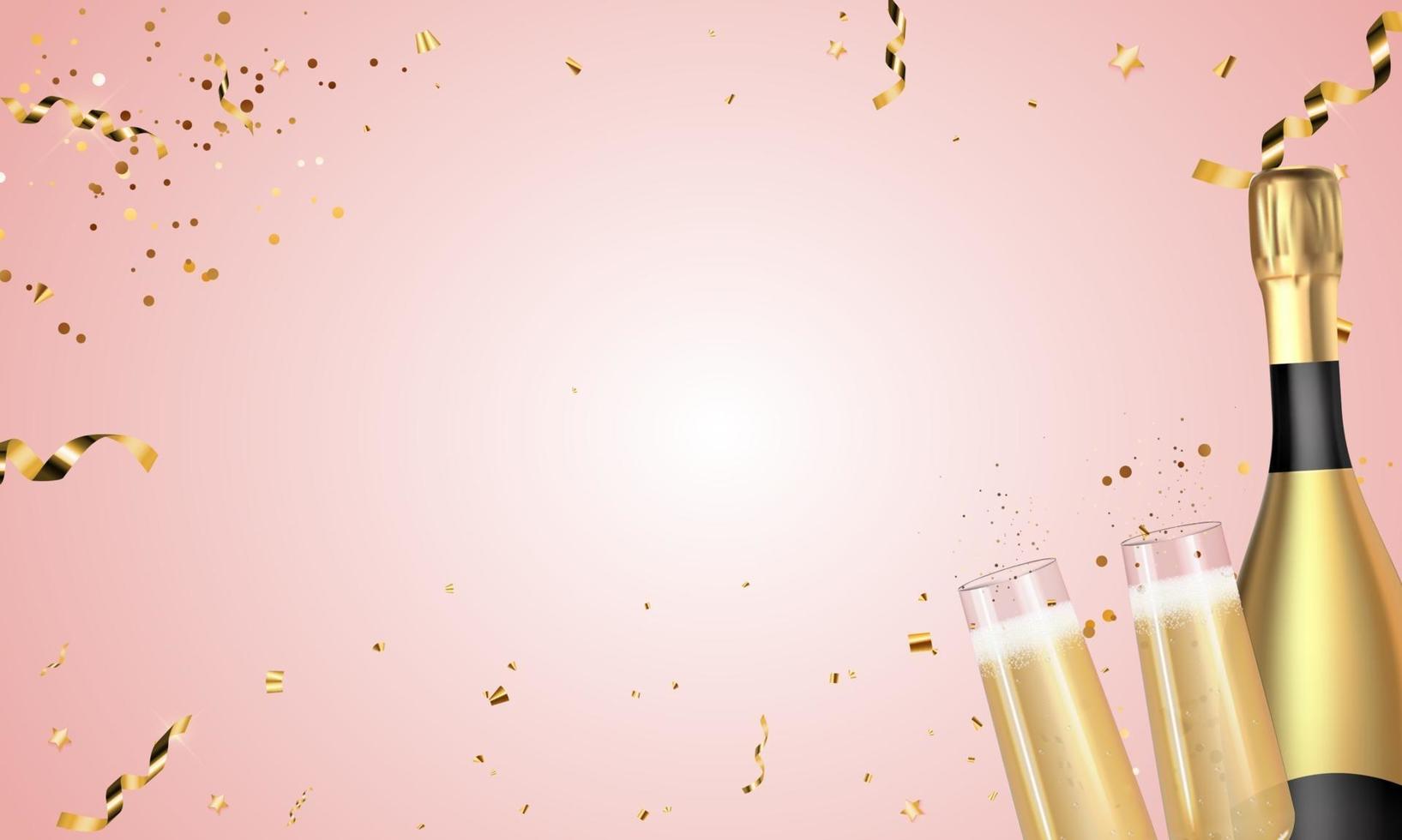 Realistic 3D champagne Golden Bottle and Glasses on Pink background. Vector Illustration