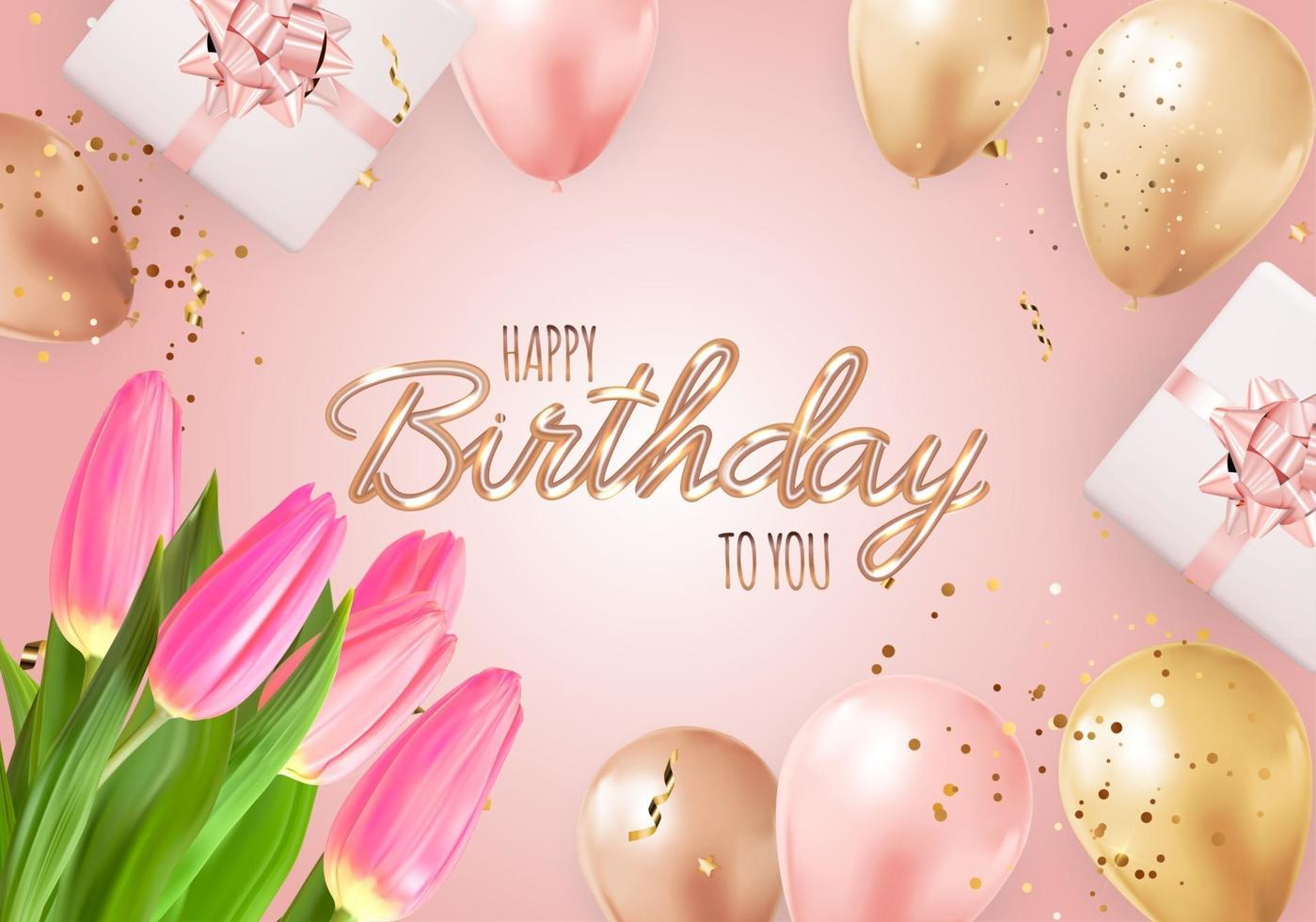 Happy Party Birthday Background with Realistic Balloons, Tulips, gift box and confetti. Vector Illustration