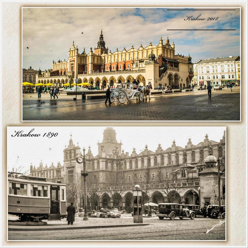 Cracovia, Polonia, 15 de febrero de 2018 - Rynek Glowny durante la Segunda Guerra Mundial y ahora Postales foto