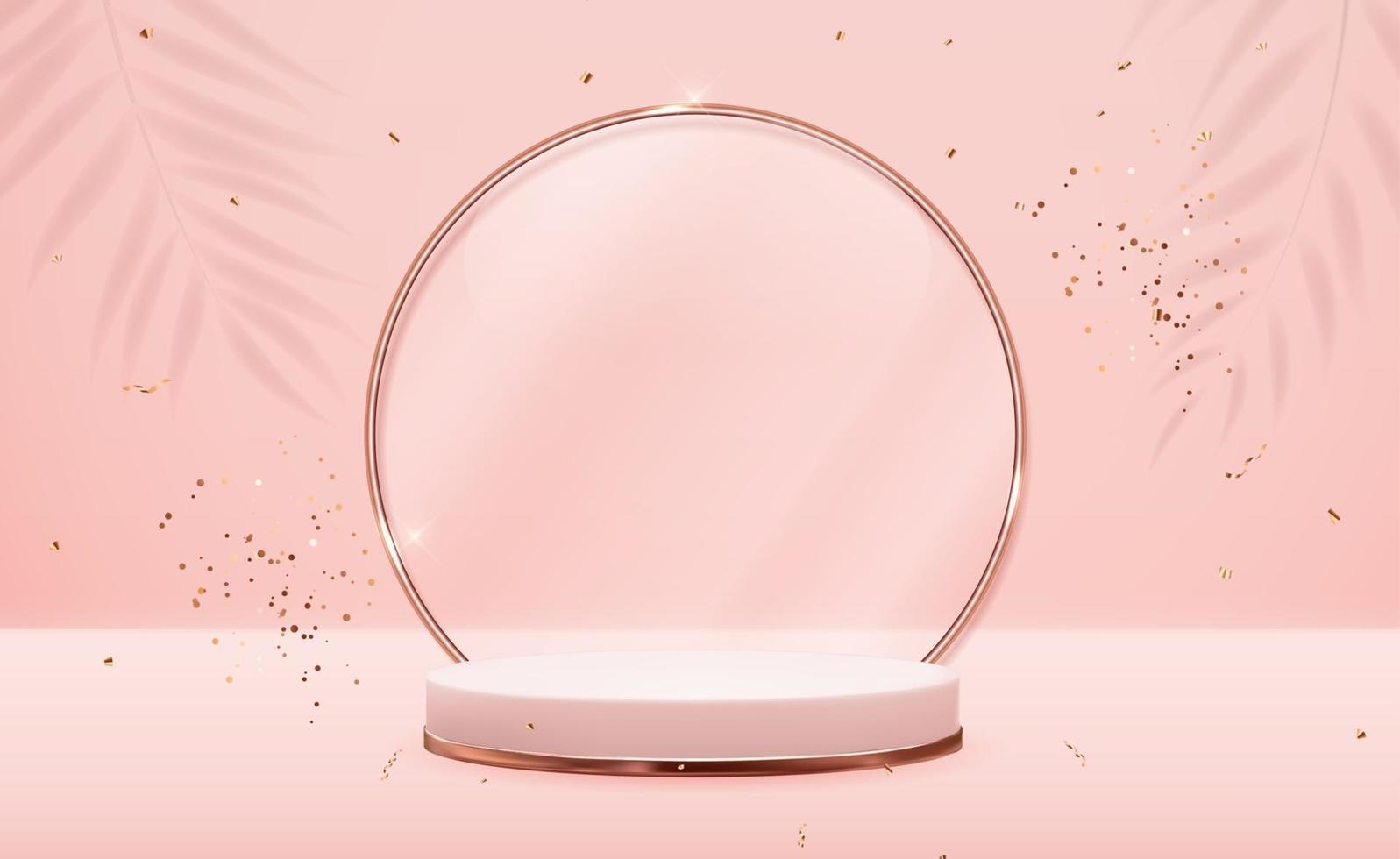 Realistic 3d Rose gold pedestal with golden glass ring frame over pink pastel natural background. Trendy empty podium display for cosmetic product presentation, fashion magazine. Copy space vector illustration