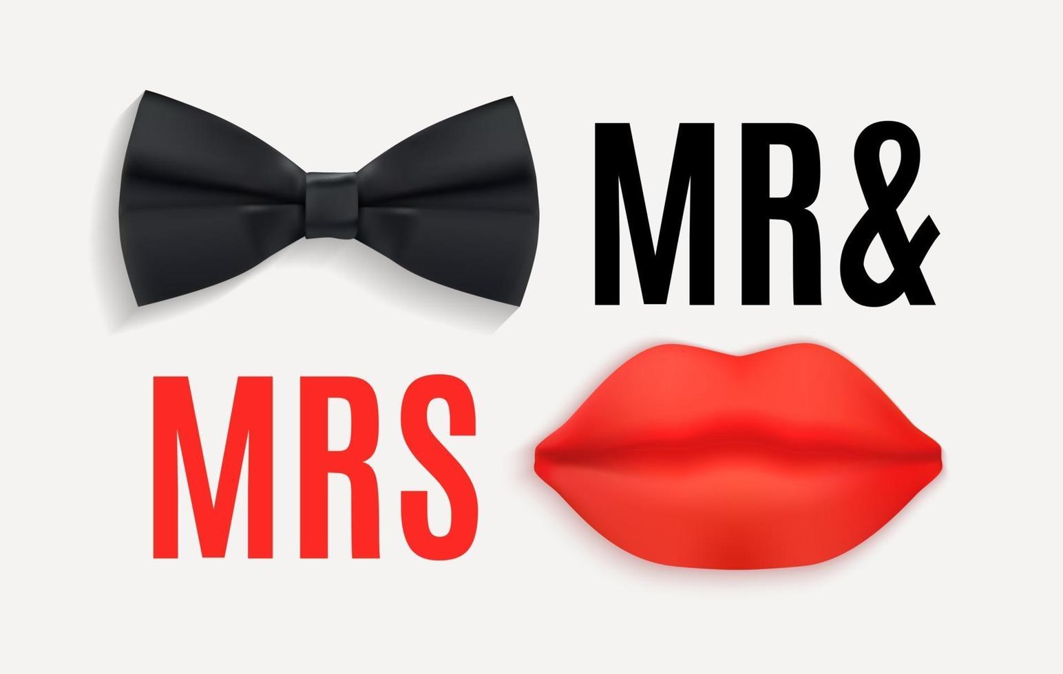 Mr. and Mrs. Sign with Black bow tie and Red Lips. 3d Vector Illustration EPS10