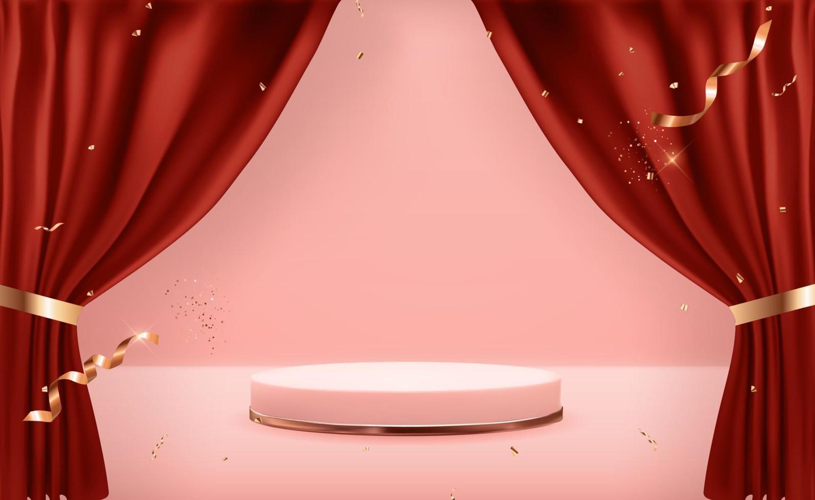 Rose gold pedestal over pink pastel natural background and open curtains. Trendy empty podium display for cosmetic product presentation, fashion magazine. Copy space vector illustration EPS10