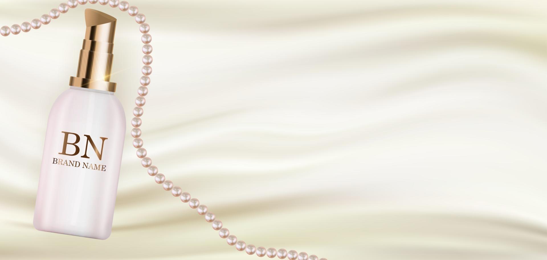 Botella de crema realista 3d sobre seda blanca con plantilla de diseño de perlas de productos cosméticos de moda para anuncios, folletos, pancartas o revistas de fondo. ilustración vectorial vector