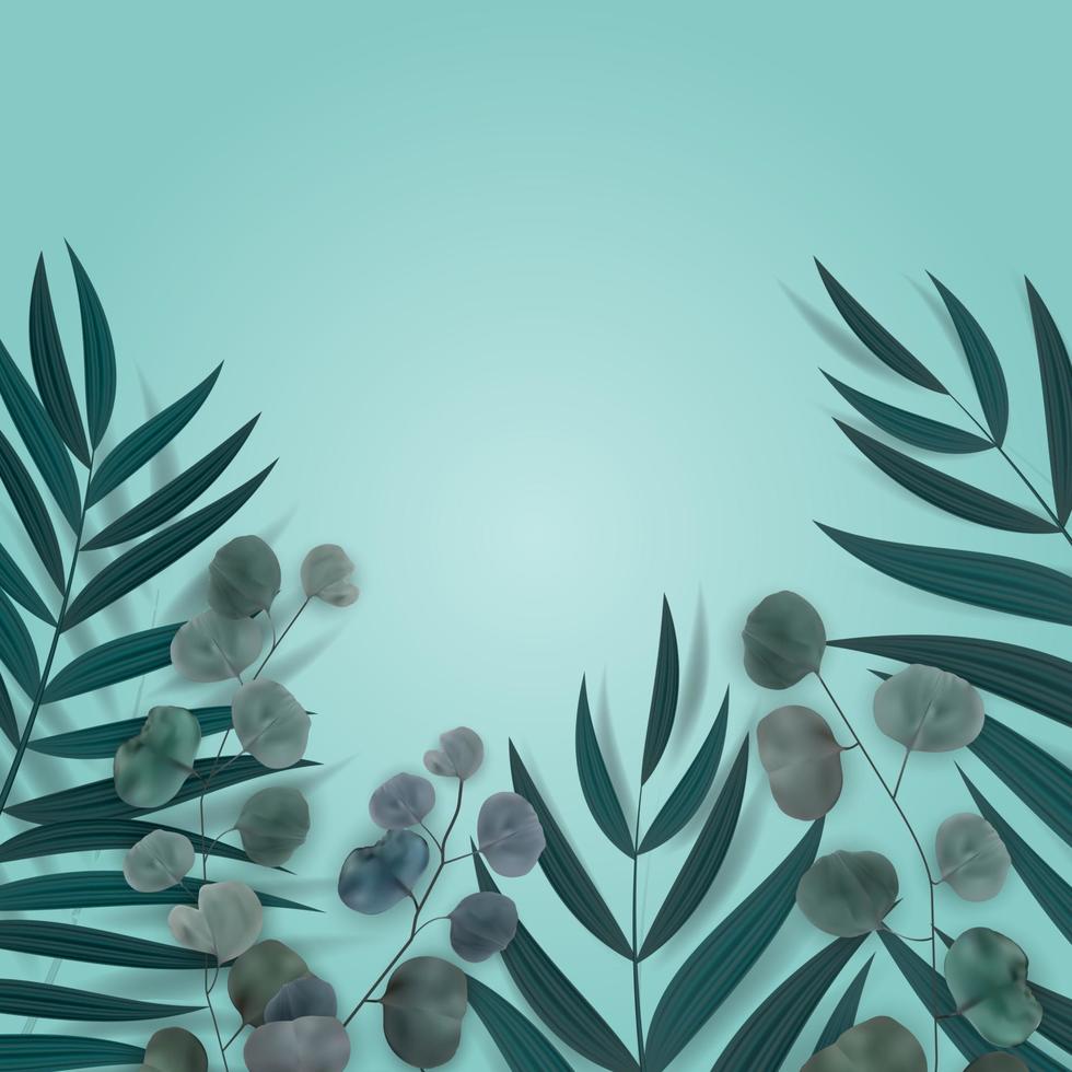 Abstract Natural Background with Tropical Palm, Eucalyptus,Monstera Leaves. Vector Illustration