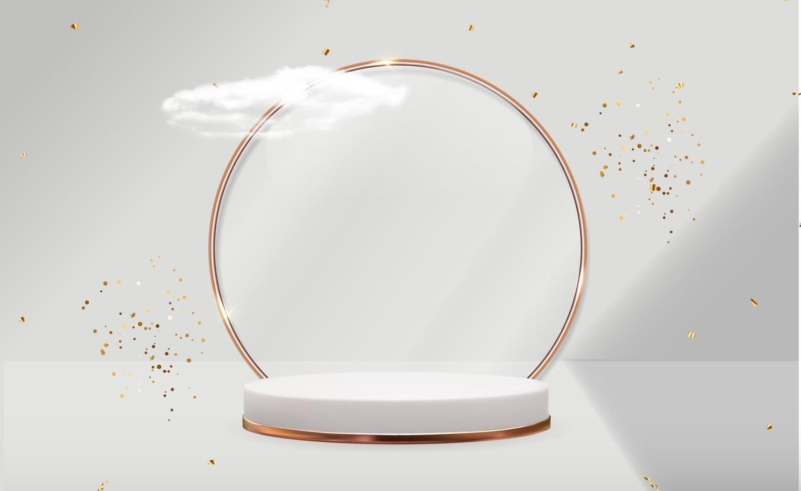 Golden Glass Ring Frame, realistic clouds and confetti ribbon. Trendy empty podium display for cosmetic product presentation, fashion magazine. Copy space vector illustration EPS10