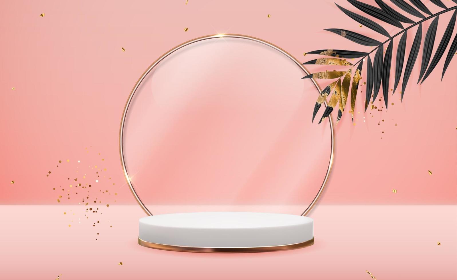 Realistic 3d Rose gold pedestal with golden glass ring frame over pink pastel natural background. Trendy empty podium display for cosmetic product presentation, fashion magazine. Copy space vector illustration