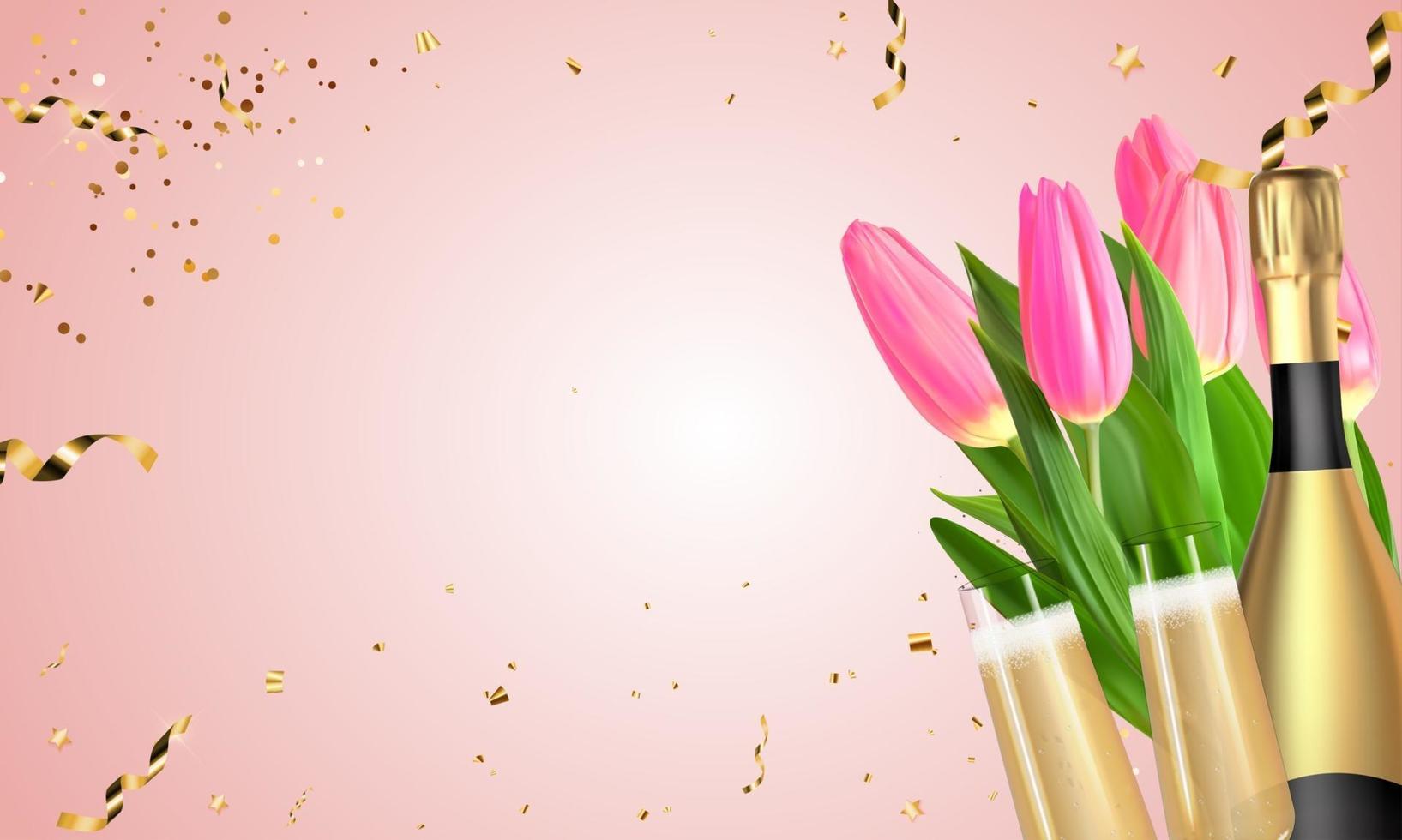 Realistic 3D Tulips, champagne Golden Bottle and Glasses on Pink background. Vector Illustration