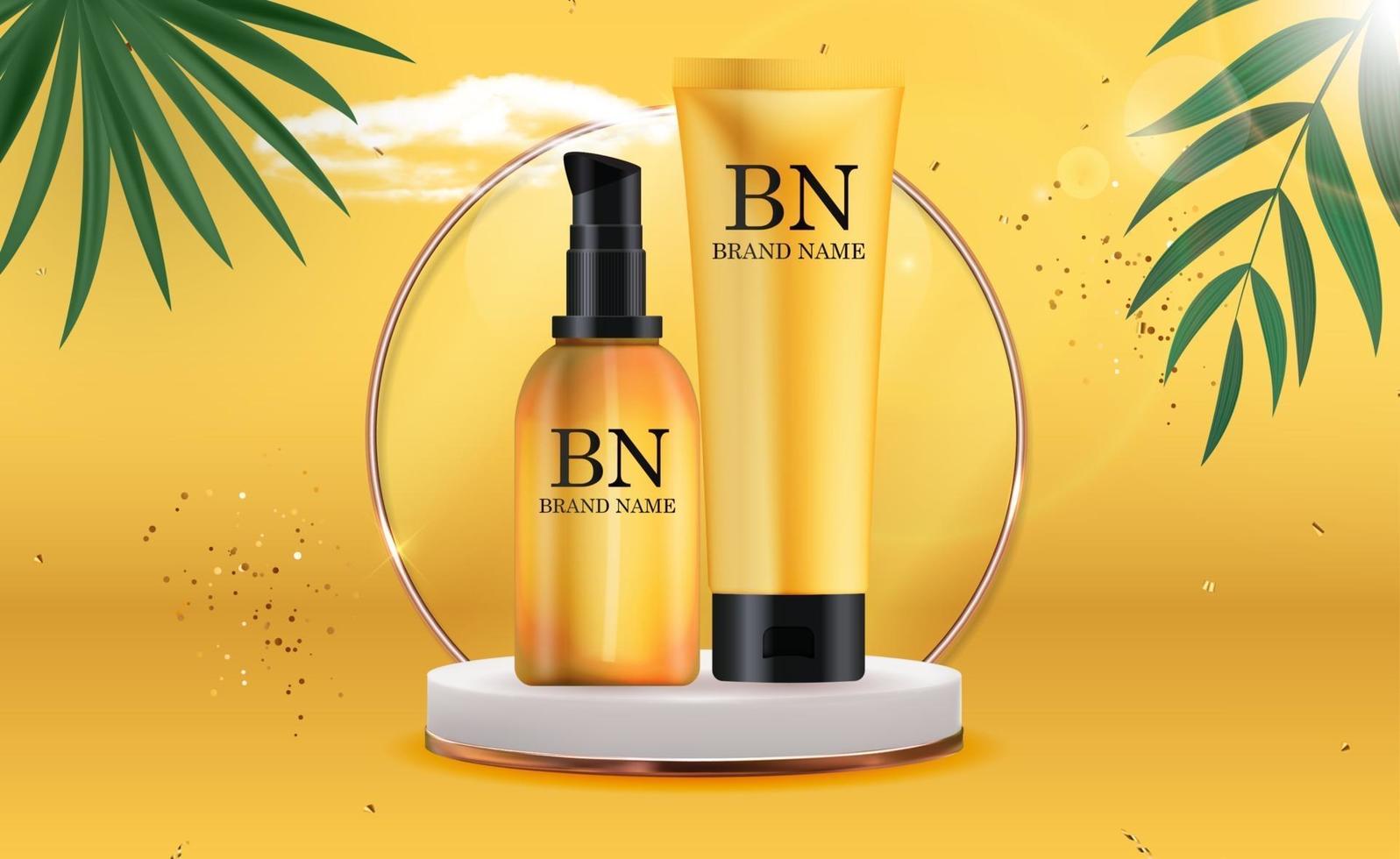 3D Realistic sun Protection Cream Bottle on pedestal and Sunny Yellow Background with palm leaves. Design Template of Fashion Cosmetics Product. Vector Illustration