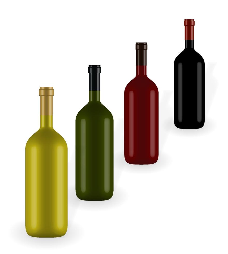 Colorful naturalistic closed 3D wine bottle of different colors without label. Vector Illustration