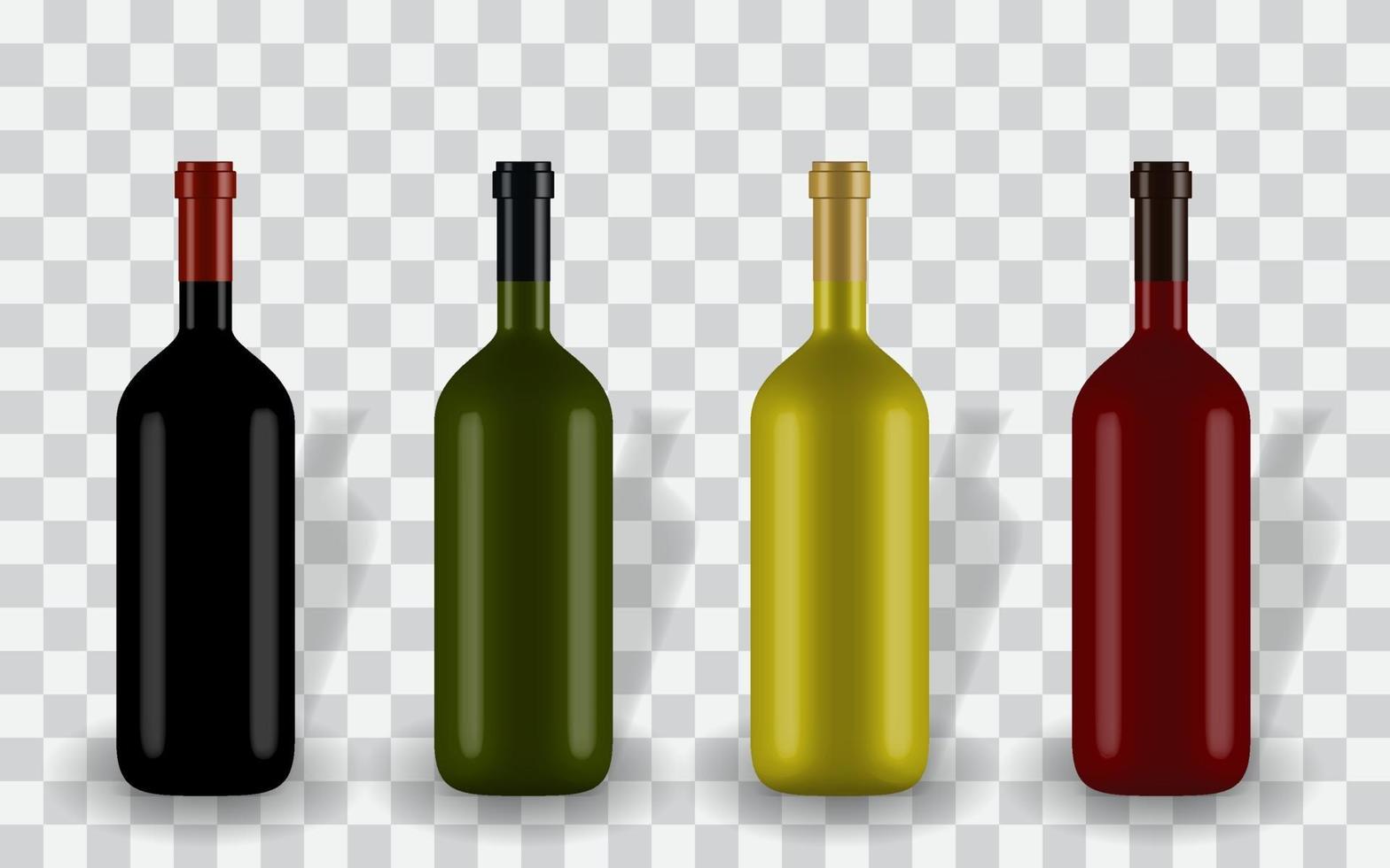 Colorful naturalistic closed 3D wine bottle of different colors without label. Vector Illustration