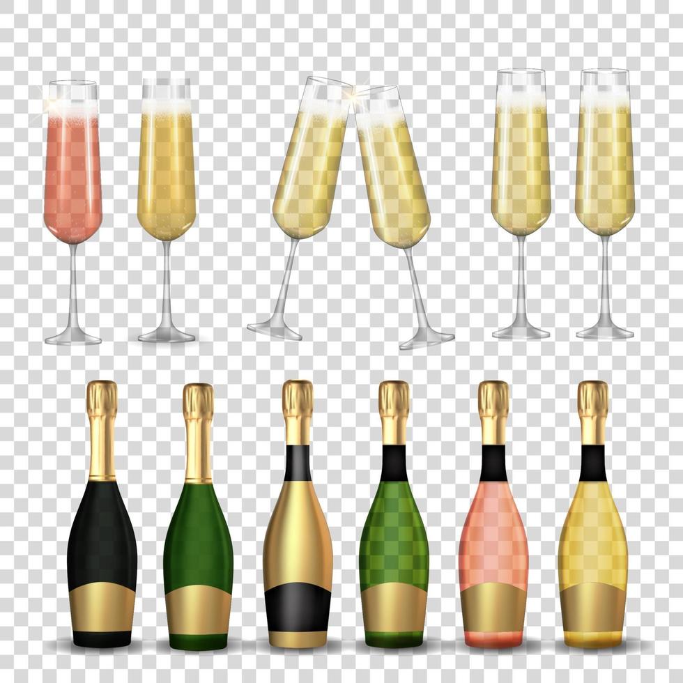 Big Collection Set of Realistic 3D champagne Golden, Pink and Green Bottle and glass isolated on transparent background. Vector Illustration EPS10