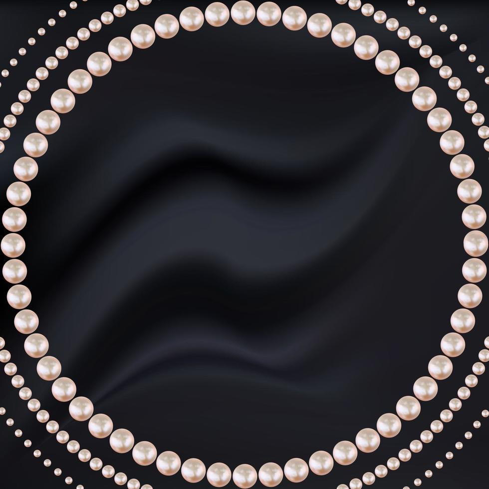Abstract circle frame of pink pearls on silk black background. Vector Illustration