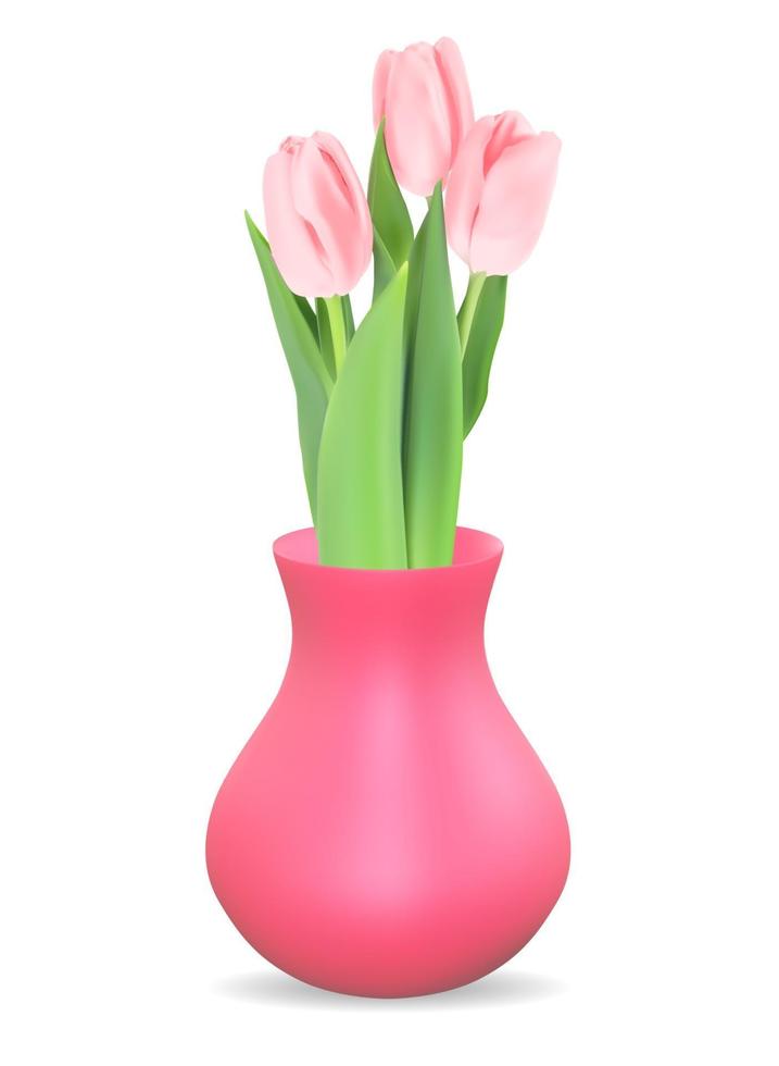 Jarrón 3d realista con flor de tulipanes. ilustración vectorial vector