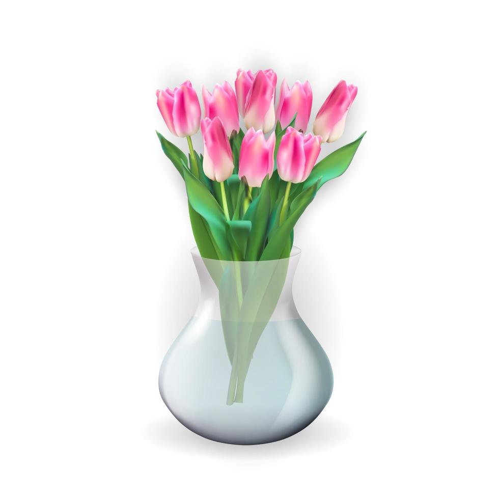 Jarrón transparente de cristal 3d realista con flor de tulipanes. elemento de diseño para cartel, tarjeta de felicitación. ilustración vectorial eps10 vector