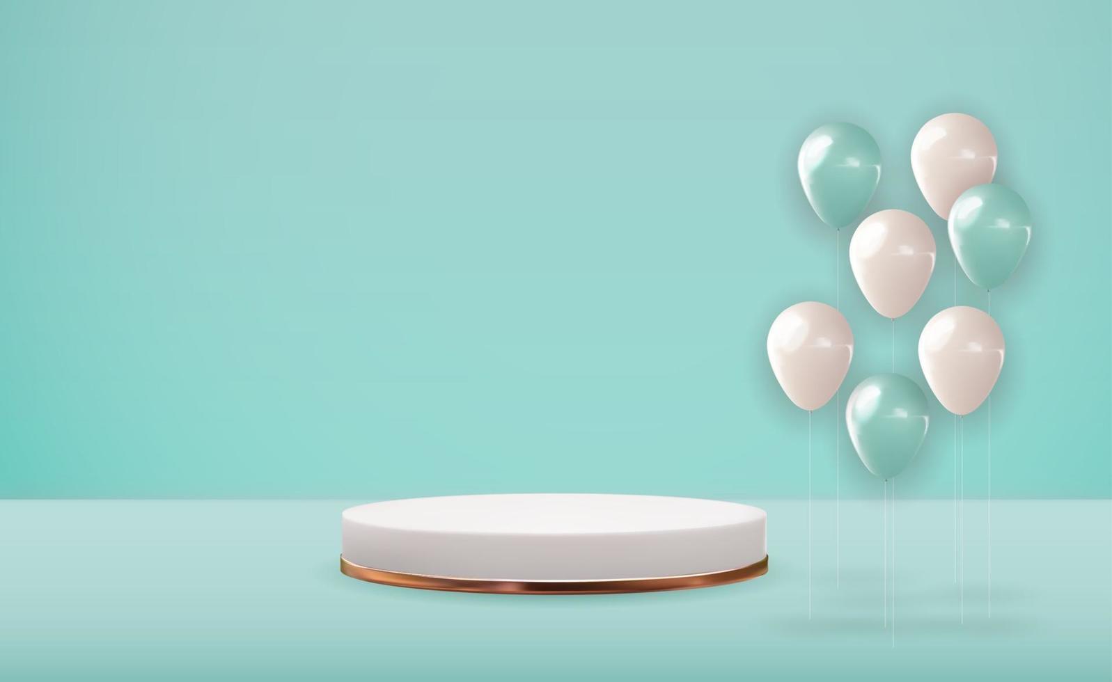 Realistic 3d white pedestal over blue pastel natural background with party balloons. Trendy empty podium display for cosmetic product presentation, fashion magazine. Copy space vector illustration EPS10