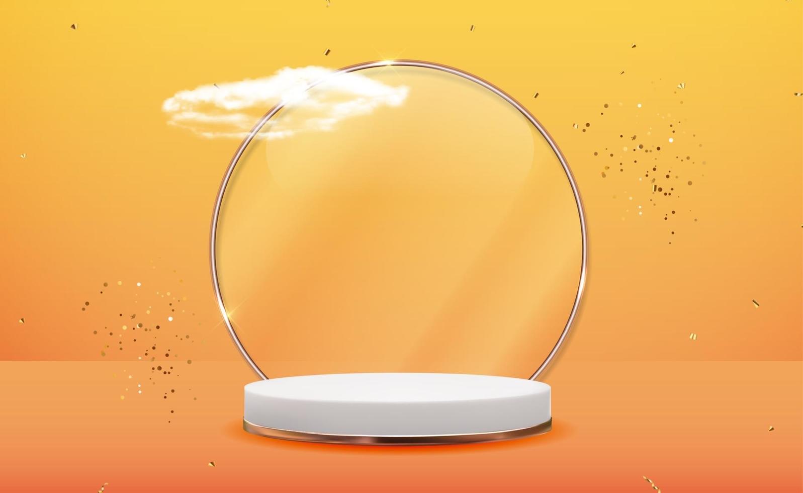 White 3d pedestal background with Golden Glass Ring Frame, realistic clouds and confetti ribbon. Trendy empty podium display for cosmetic product presentation, fashion magazine. Copy space vector illustration EPS10
