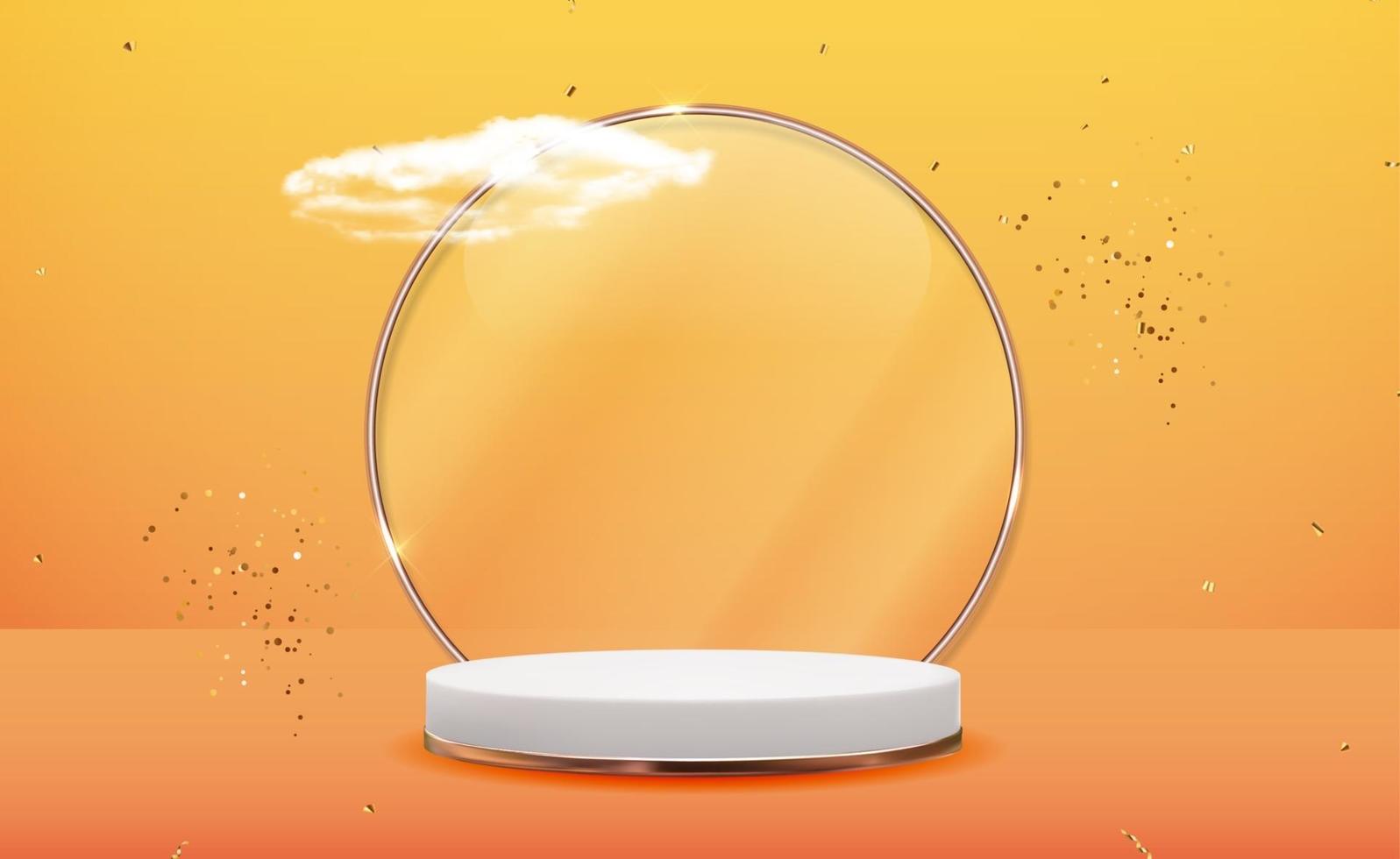 Fondo de pedestal blanco 3d con marco de anillo de cristal dorado, nubes realistas y cinta de confeti. moderno podio vacío para presentación de productos cosméticos, revista de moda. copia espacio vector ilustración eps10