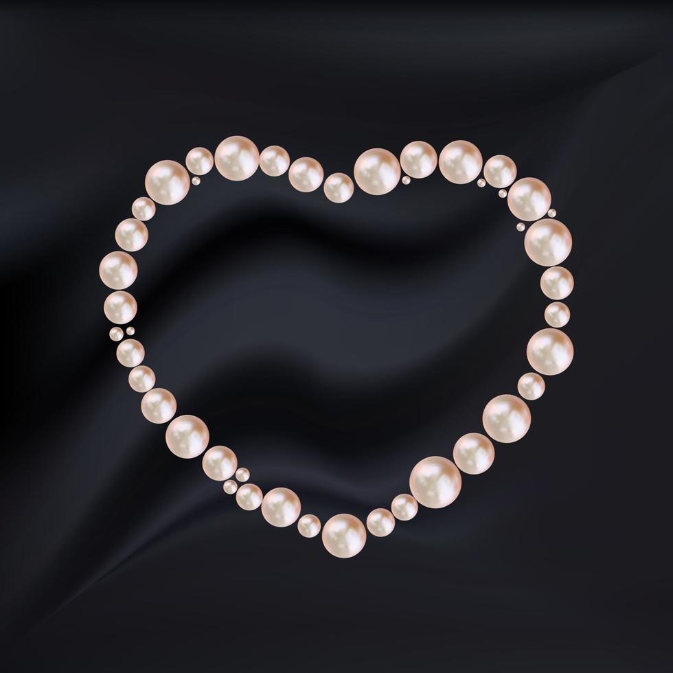 Abstract heart frame of pink pearls on silk black background. Vector Illustration