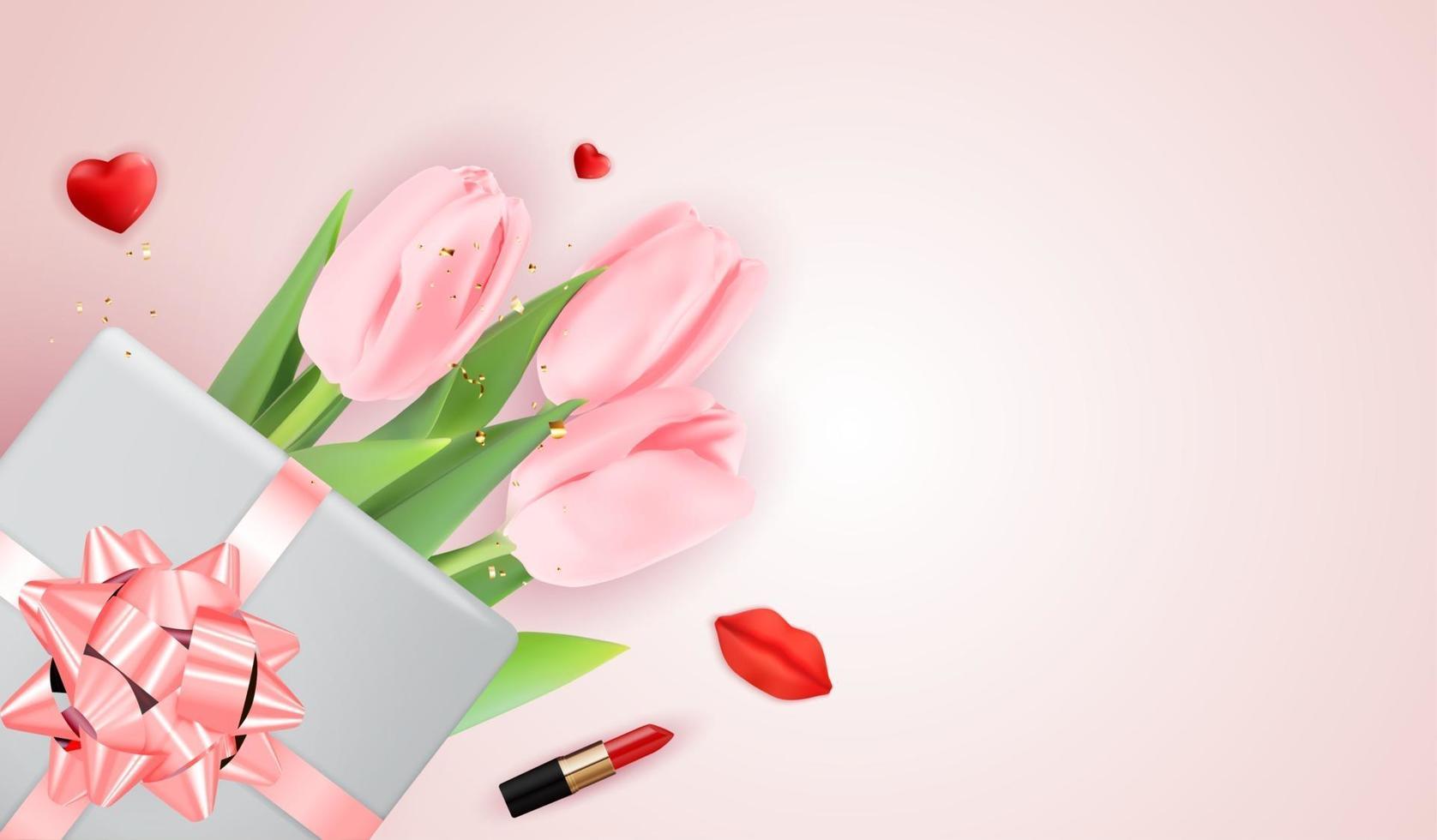 Happy Women s Day Holiday Congratulation Background with Tulips and gift box and hearts. Vector Illustration