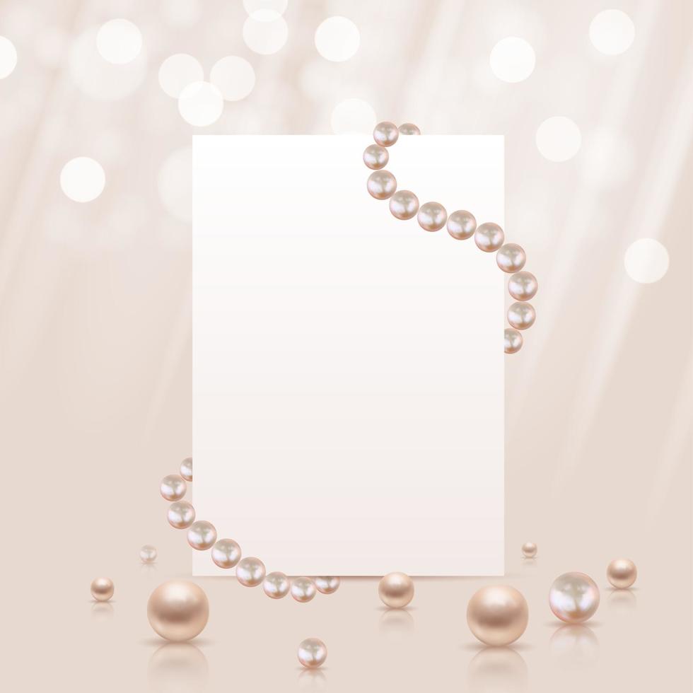 Glossy abstract background with realistic pearls and white paper template. Vector Illustration