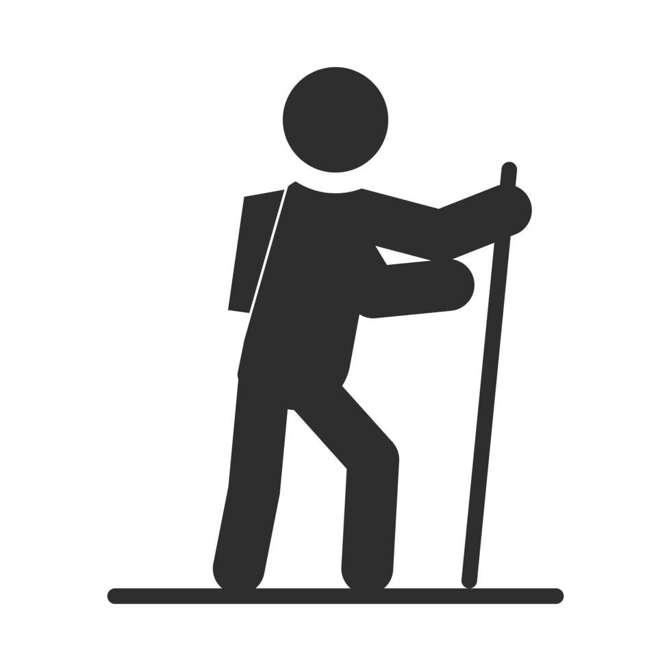 Deporte extremo senderismo hombre con palos caminar estilo de vida activo silueta diseño de icono vector