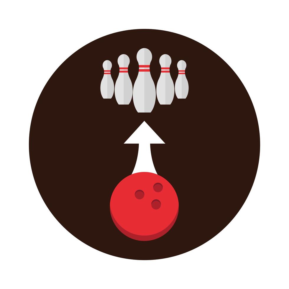 bolos bola roja y alfileres flecha dirección juego deporte recreativo bloque diseño de icono plano vector