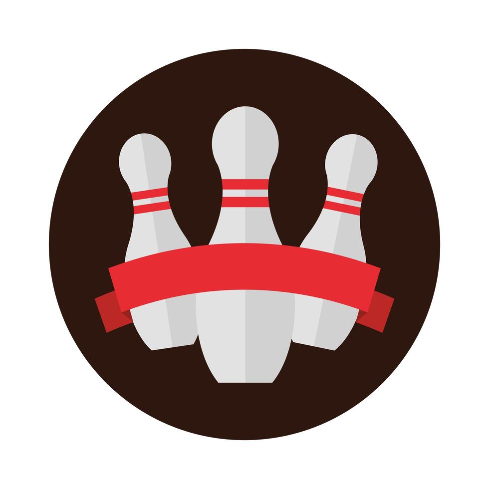 bowling pins with red ribbon emblem game recreational sport block flat icon design vector