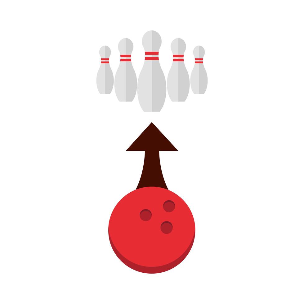 bolos bola roja y alfileres flecha dirección juego deporte recreativo diseño de icono plano vector