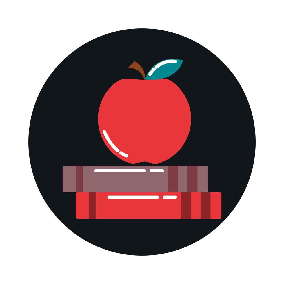 suministro de educación escolar manzana en bloque de libros e icono de estilo plano vector